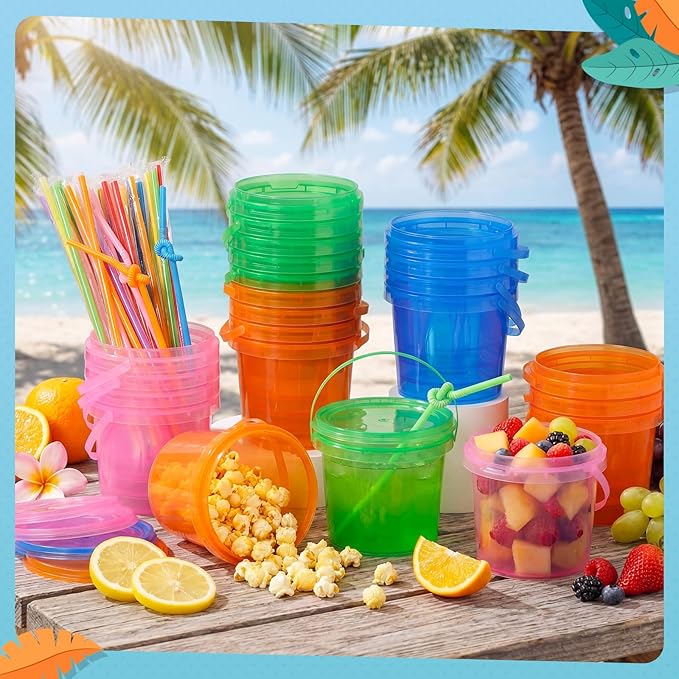 Funnymoom 72 Pack 25 oz Plastic Rum Buckets Bulks for Drinks with Straws Reusable Ice Cream Cocktail Cups Neon Party Bucket with Lids Handles Food Containers Cup for Summer Beach Bar Beer