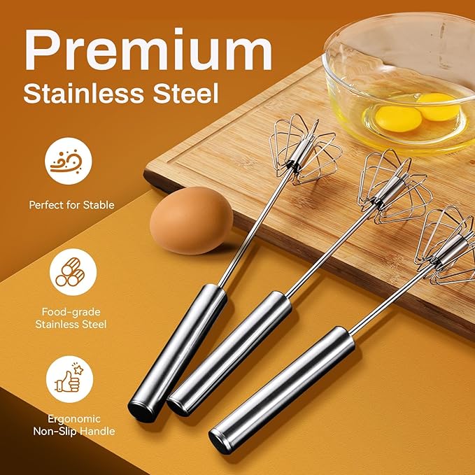 Stainless Steel Semi-Automatic Whisk, 2025 Upgraded Stainless Steel Egg Whisk Hand Push Rotary Whisk, Hand Push Mixer Stirrer Tool for Cooking Kitchen Home Egg Milk (14in)