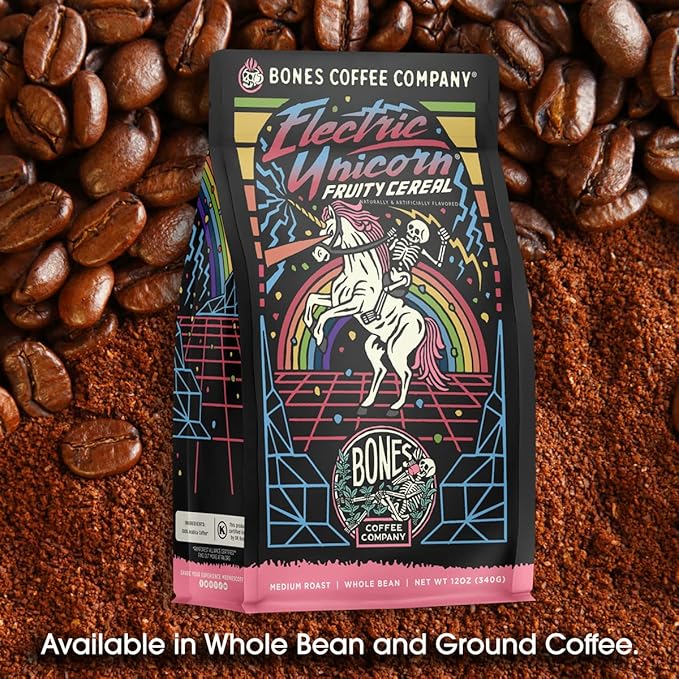 Bones Coffee Company Electric Unicorn, Fruity Cereal With Milk Flavored Coffee, Medium Roast Low Acid Arabica Beans Compatible with Auto drip and French Press Coffee Maker, 12 Oz Ground