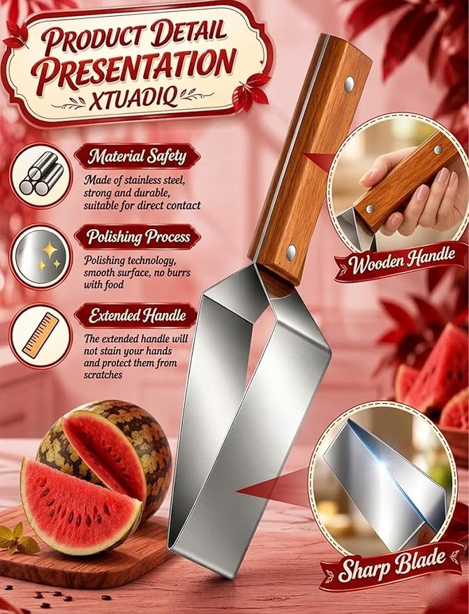 Stainless Steel Watermelon Slicer, 2026 New Triangle Watermelon Cutter, Stainless Steel with Wooden Handle for A Wide Variety Watermelon, Cantaloupe, Honeydew, Apples, and More (2pcs)