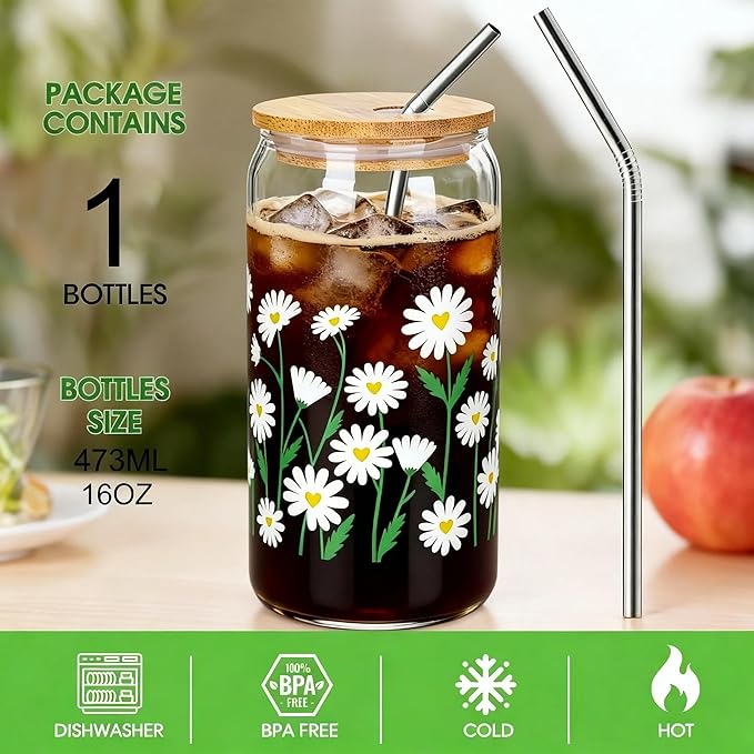JOYMIA Glass Cups with Lids and Straws — 2026 Update Daisy 16oz Cute Glass Cups Daisy Flower Design Tumbler for Iced Coffee, Smoothies & Juice, Leakproof & BPA-Free, Gift for Women,Mother