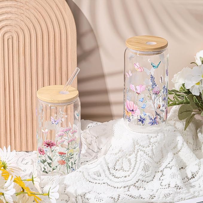 Mumufy 2 Pack Bridesmaid Gift Glass Cups, Cute Flower Mason Jars with Bamboo Lids & Straws, 16oz Iced Coffee Tumblers for Wedding, Bridal Party, Birthday, Mother's Day(Wild Flower2)