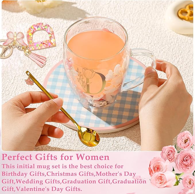 Friendship Gifts for Women Flower Glass Coffee Mug Cute Initial Tea cup Monogrammed Customized Bridesmaid Bride Wedding Gifts Valentine Mother's Day Christmas Gift for Her Mom Wife Sister Coworker (D)