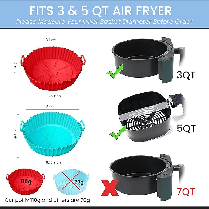 Air Fryer Silicone Liners Pot for 3 to 5 QT, 2 Pack 8.1-inch, Replacement of Flammable Parchment Paper Liners, Food Grade Reusable Baking Tray, Non-Stick, Heat-proof Gloves, Red+Blue (Nola Hut)