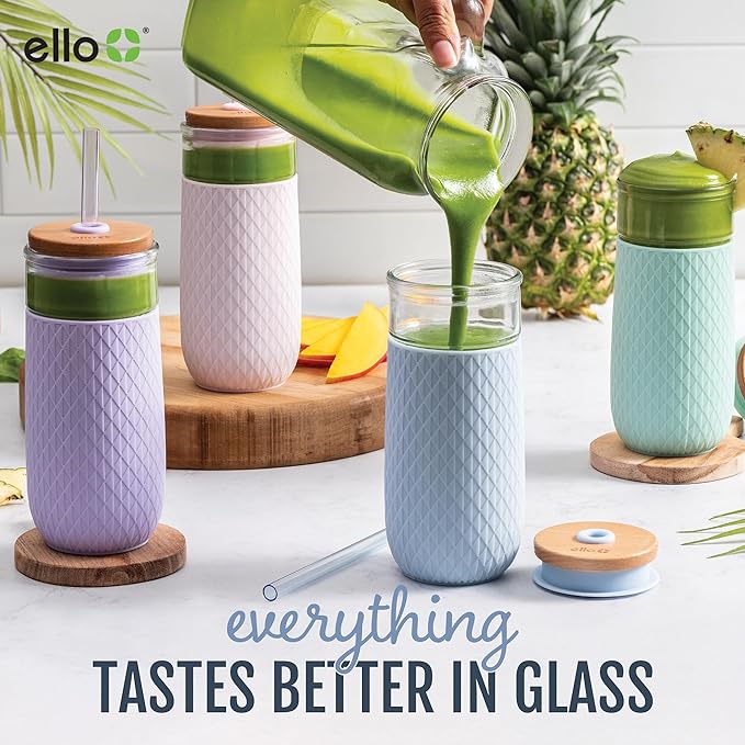 Ello Devon 18oz Glass Tumbler with Straw, Friction Fit Bamboo Wood Lid and Silicone Sleeve | Perfect for Iced Coffee, Tea, and Smoothies