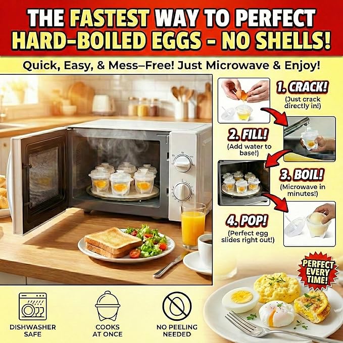 Microwave Egg Cooker (2 Pack), Rapid Hard Boiled Egg Maker & Poacher for Breakfast Sandwiches, BPA-Free Double Boiler Cups with Yolk Piercer, Non-Stick No Shell Peeling, Portable for Dorm & Office, Transparent
