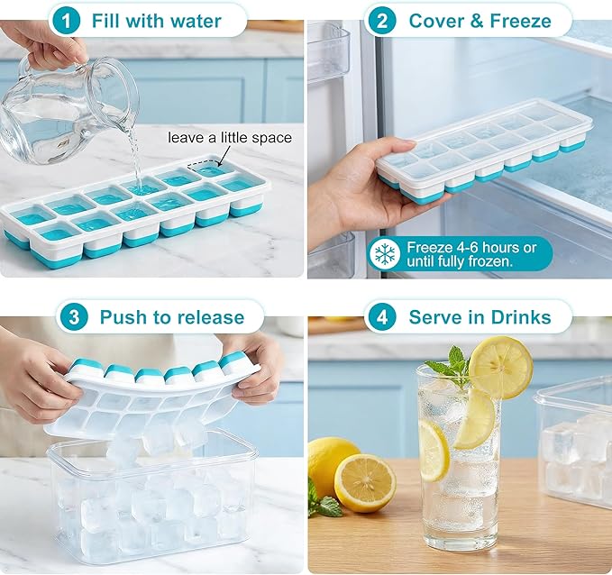 NFK Ice Cube Tray with Lid & Bin - 4 Pack 48 Cubes Stackable Silicone Trays for Freezer with Storage Container, Leak-Proof Lids, BPA-Free, Easy Release for Kitchen, RV, Party, Cocktail & Coffee