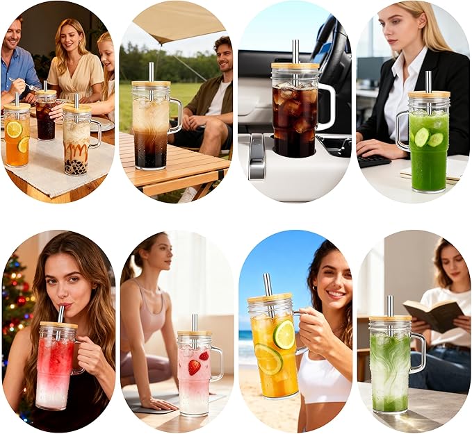 Birity 24oz Glass Cups with Lids and Straws,Glass Tumbler with Handle,2 set–Reusable Glass Ice Coffee Cups with Lid and Straw for Smoothies,Tea,Juice,Boba Cup for Cold & Hot Drinks,Travel Cup