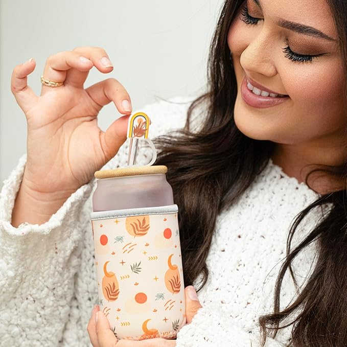 The Love Crate Co. Boho Gifts for Women - Cute Design Glass Cup with Lid and Straw, Customized Stopper and Insulated Cup Sleeve for Iced Coffee and Smoothies. Giftable Unique Tumbler Cups for Women