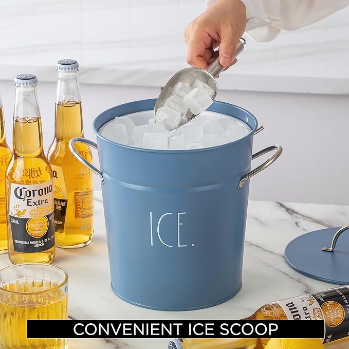 Rae Dunn Ice Bucket with Scoop - Stainless Steel Bucket with Handle, Lid and Ice Scooper - 4 Qt. Storage Bin for Ice Cubes for Bars, Parties, Backyard Barbeques, Picnics, and Camping (Blue)