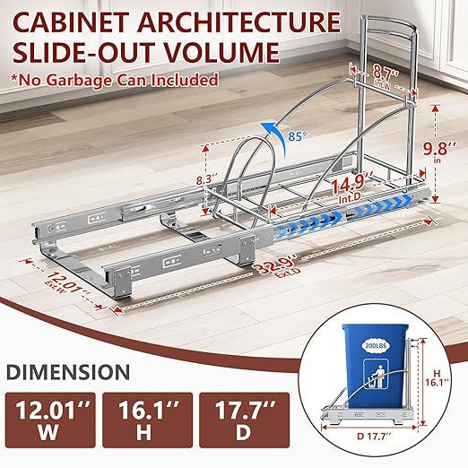 ANASTA Under Sink Trash Can Pull Out Trash Hidden for 30-50 Qt 7-13 Gallon Garbage Can Under 13" Wx19 Dx17 H Cabinet, Silver Pull Out Kit with Full Extension Slide for Kitchen and Bathroom, Not Bin