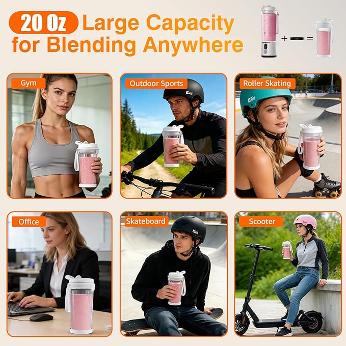 Portable Personal Size Blender for Smoothies - Cordless Mini Blender With Powerful Blending, 20oz BPA-Free Juice Cup With Leak-proof Travel Lid, Type-C Rechargeable, Freshly Squeezed in Gym/Picnic