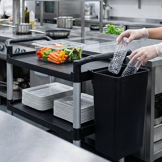Restaurantware RW Clean 13 Inch x 9.2 Inch Waste Basket 1 Slim Trash Bin - Attachable For Office Black Plastic Trash Can Fits Rolling Utility Cart Heavy Duty