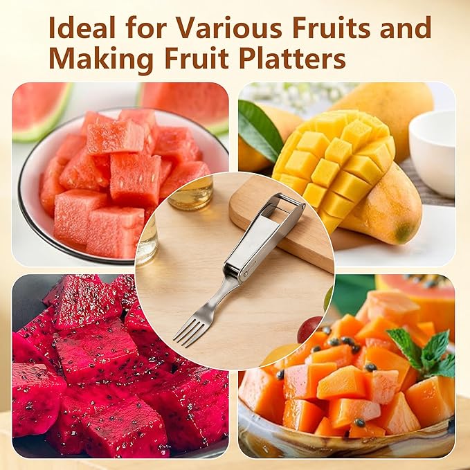 Watermelon Cutter, 2-in-1 Stainless Steel Fruit Cutter, Dual Head Watermelon Fork Slicer Tool, Summer Fruit Cutting Kitchen Gadget for Home (Fold-1PCS)