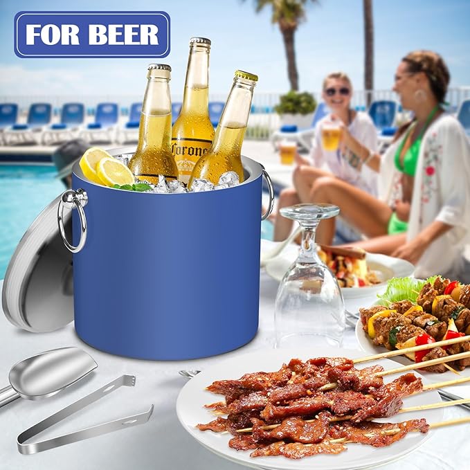 Ice Bucket with Lid & Tong- Well Made Insulated Stainless Steel Keep Ice Frozen Longer - Ideal for Cocktail Bar, Parties, Chilling Wine, Champagne - 3 Liter (Blue)