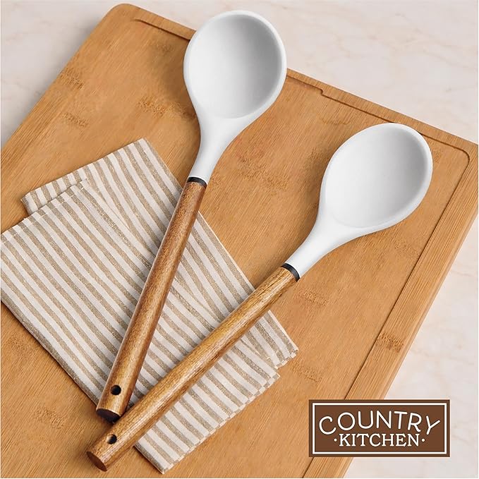 Country Kitchen Non Stick Silicone Utensil Set with Rounded Wood Handles for Cooking and Baking, 8 Piece Set, White