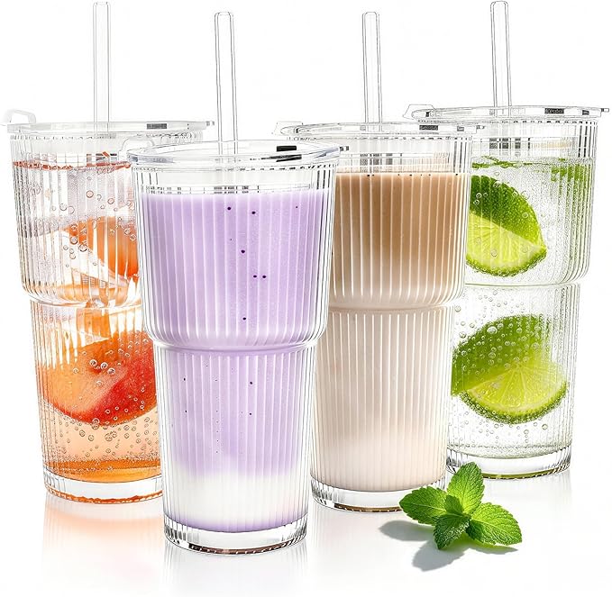 20oz Glass Tumblers with Lids and Straws, Set of 4, Reusable Iced Coffee Cups, Vintage Drinking Glasses, Ribbed Glassware for Cocktail Beer, Juice, Home, Office, Party Gifts, Dishwasher Safe