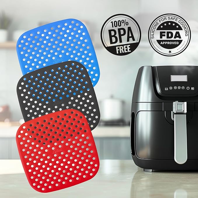 Reusable Air Fryer Liners Square Silicone Airfryer Liner - Easy to Clean Air Fryer Accessories As Seen on the Today Show - Dishwasher Safe Non-Stick Parchment Paper Replacement 3 Pack for 2QT - 6.5"