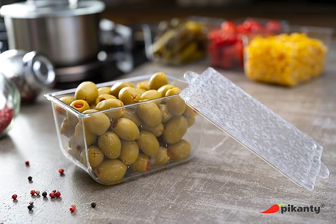 Pikanty Small Refrigerator Organizer Bins with Lids, Set of 2 - Clear Plastic Fridge Storage Containers for Condiments, Yogurt, Snacks, Cheese, Leftovers, Stackable, Dishwasher Safe, Made in USA