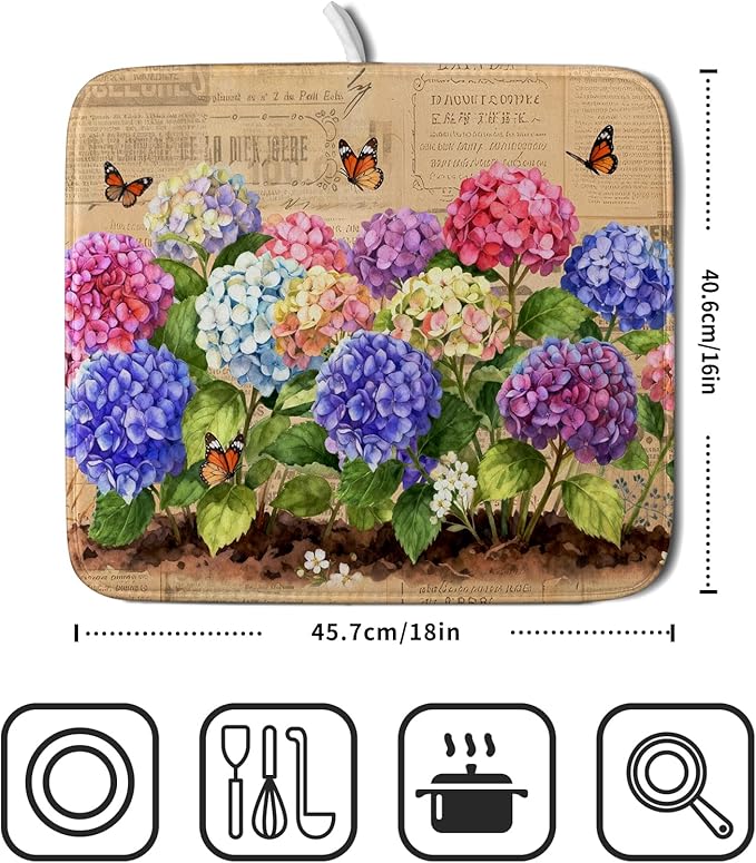 Vintage Hydrangea Dish Drying Mat Watercolor Floral Microfiber Absorbent Dish Drying Pad for Kitchen Counter Small