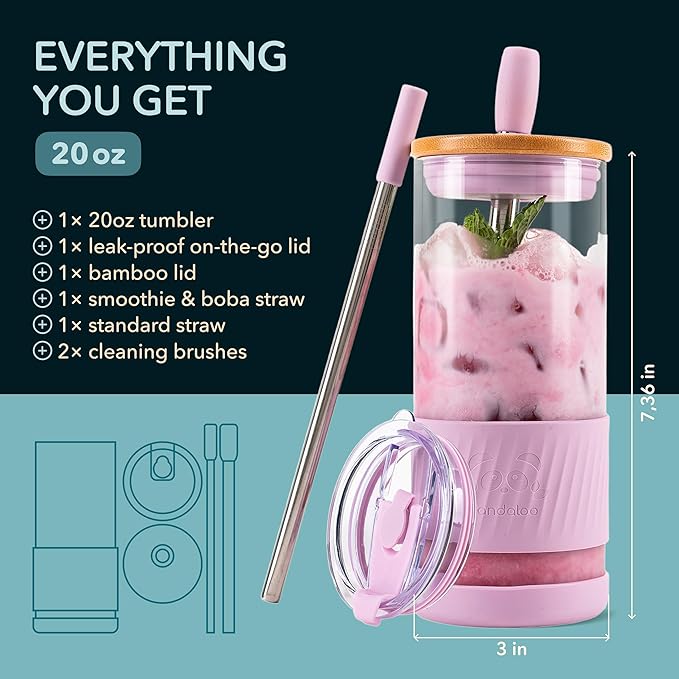 Pandaloo® Glass Cups With Lids and Straws -20 Fl Oz- Perfect Size Iced Coffee Cup - Smoothie Cup With Bamboo Lid and On the go Lid - Glass Tumbler With Straw (1 Count (Pack of 1), Lilac Rhapsody)