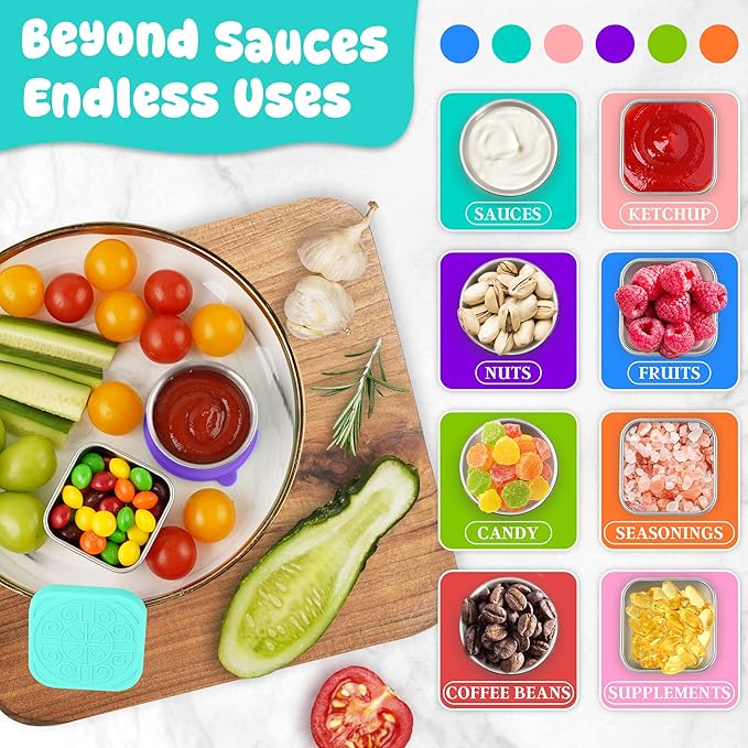LIEMAND 6PCS Salad Dressing Container to Go, Leakproof Reusable Stainless Steel small container with lid,Sauce Containers for Lunch box,Picnics,Travel,Office and Meal Prep-1.6+2.7 Sets