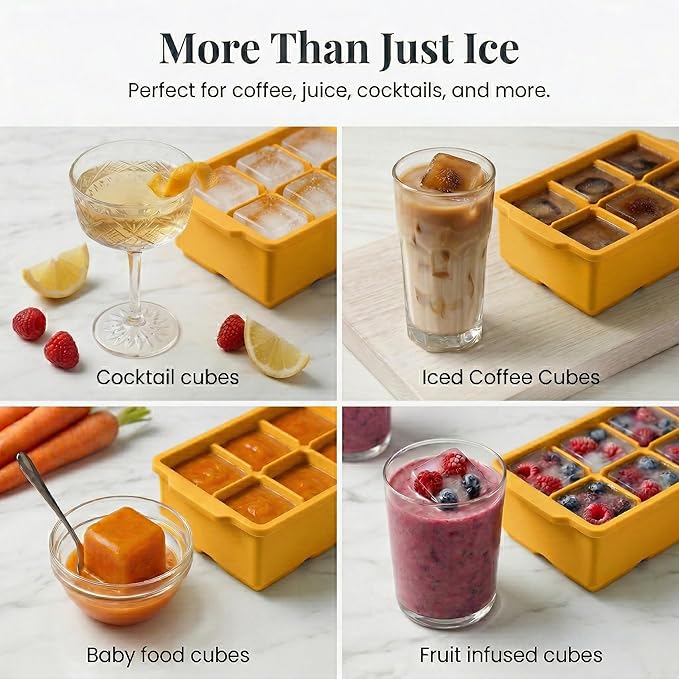 KitchFort Large Silicone Ice Cube Tray (2-Pack), Easy Release 2" Big Ice Cubes - Cocktail, Whiskey Ice Cubes Mold - Ice Trays for Freezer with Lid - Stackable Silicone Ice Tray - Mustard Yellow