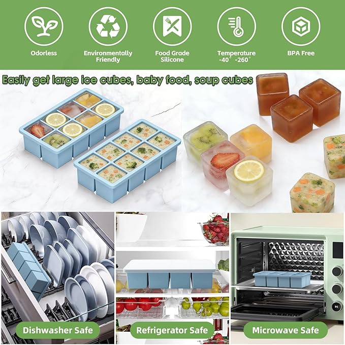 Large Ice Cube Molds, 2 Pack Easy Release Ice Trays for Freezer with Lid, Stackable Square Big Silicone Ice Cube Tray BPA Free Slow Melting for Bourbon Whiskey, Cocktails, Iced Coffee （Blue）
