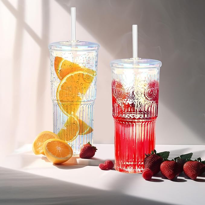 Bandesun All Glass Iced Coffee Cup With Lids and Straws，24 OZ Rainbow High Borosilicate Glass Tumbler for Water Smoothie Juice Drinks