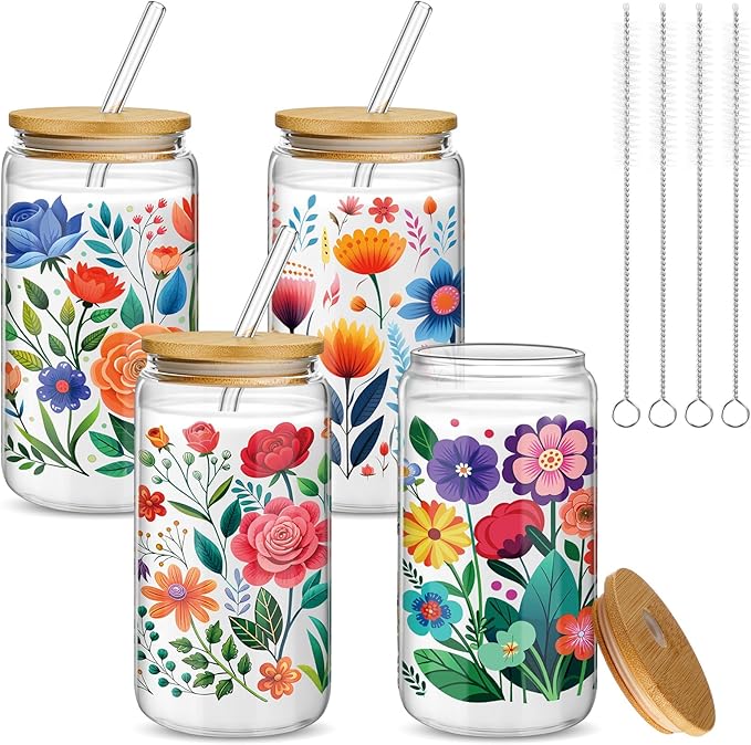 Mumufy 4 Pack Gift for Women Cute Glass Cup Tumbler Flower Iced Coffee Mugs 16 oz Glass with Bamboo Lid & Straw, Mothers Day Birthday Gift for Mom Sister Bridesmaid Baby Shower(Abstract Flower)