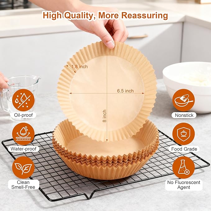 Air Fryer Liners, 100Pcs Round Parchment Paper, Cooking Non-Stick air fryer accessories, Frying Pan, Oil-proof Air Fryers for 2-4 QT Air Fryer Baking Roasting Microwave(6.5"Round)