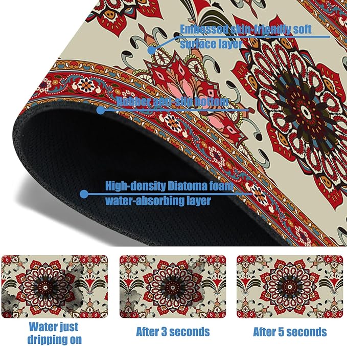 Sink Faucet Absorbing Mat Red Retro Boho Sink Splash Guard Drying Mat for Kitchen Bathroom Faucet Sinkmat 23.5"X5.5"