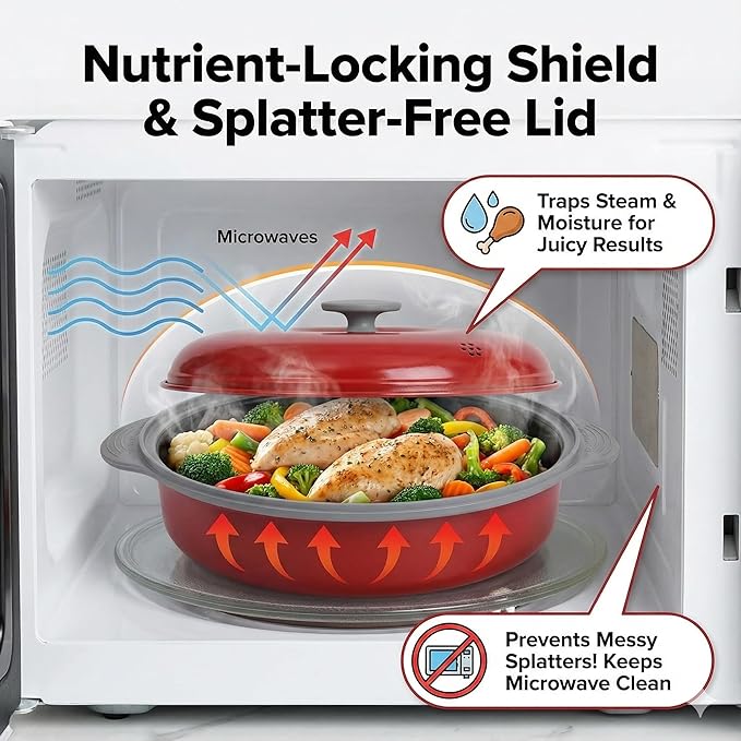 MACONEE Microwave Frying Pan Skillet, Grill & Crisper Pan with Lid Allows You to Fry, Sizzle, and Brown Foods in the Microwave, Micro Cookware for Grilling, Reheating, and Cooking a Variety of Dishes