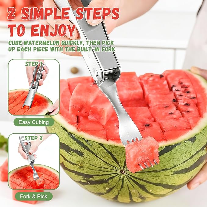 2026 Upgrade Watermelon Cutter Slicer Tool, 2-in-1 Fruit Slicer Fork With Foldable Stainless Steel Fork Tip, Press-to-Cut Watermelon Cubes for Kitchen, Picnic and Camping (2PCS)