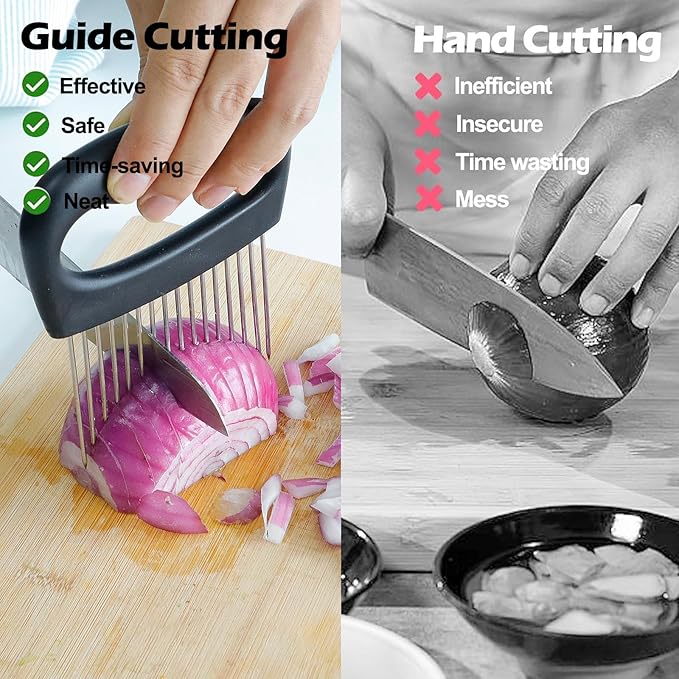 Hendiy Extra-Large Onion Holder for Slicing, Tomato Slicer with 16 Long Needles, Stainless Steel Onion Cutter Vegetable Chopper, Extra-Large Tomato Potato Slicer, Meat Tenderizer, Food Slicing Guide