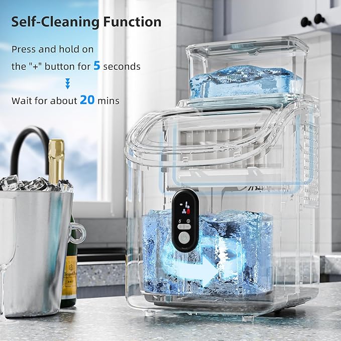 Electactic Countertop Ice Cube Maker Machine with External Water Tank,16Pcs/5Mins,34Lbs/Day,2 Ways to Add Water,Portable Compact Small Ice Maker with Self-Cleaning,Perfect for Home/Kitchen/Camping/RV