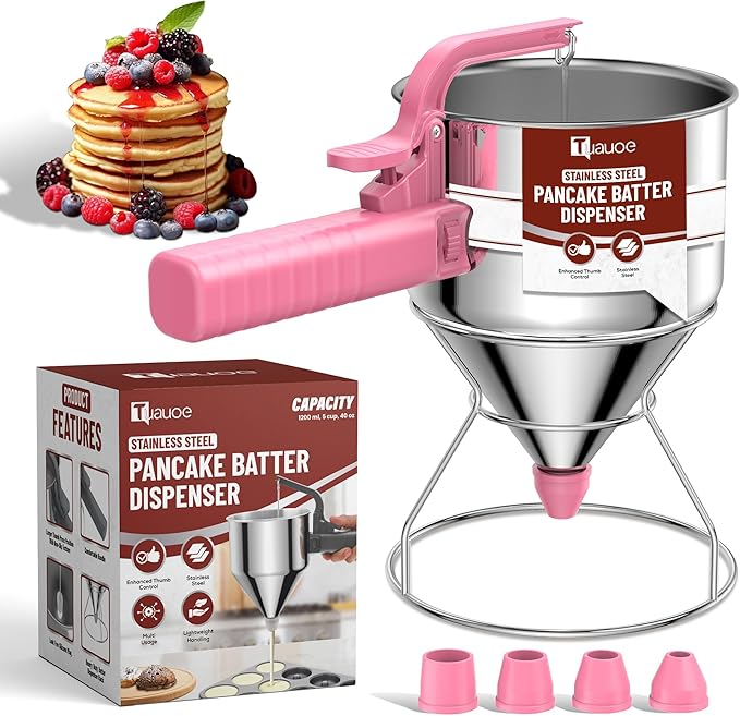 Stainless Steel Pancake Batter Dispenser, 40oz Batter Dispenser with Squeeze Handle, Great for Pancakes, Cupcake, Waffle or Any Baked Goods, Durable, Leak-Free, Paradise Pink