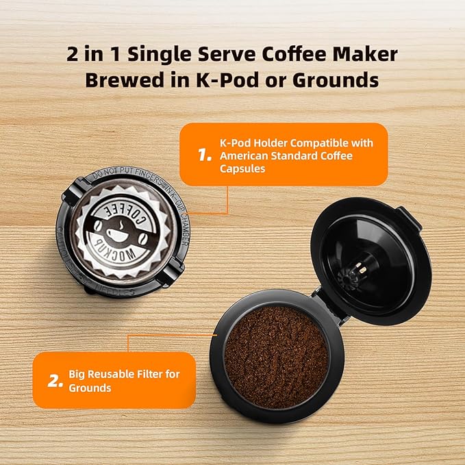 Horavie Small Single Serve Coffee Maker for K Cup and Grounds, Fast Brew One Cup Coffee Machine with One Button, 6 to 12 oz. Brew Sizes, Perfect for Home and Travel, Black