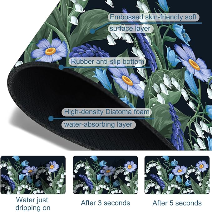 Blooming Lilies Kitchen Sink Splash Guard Faucet Mat Valley Lilies Flowers Super Absorbent Fast Drying Mat Sink Splash Guard Behind Faucet for Kitchen Bathroom, 15.5"x5.5"