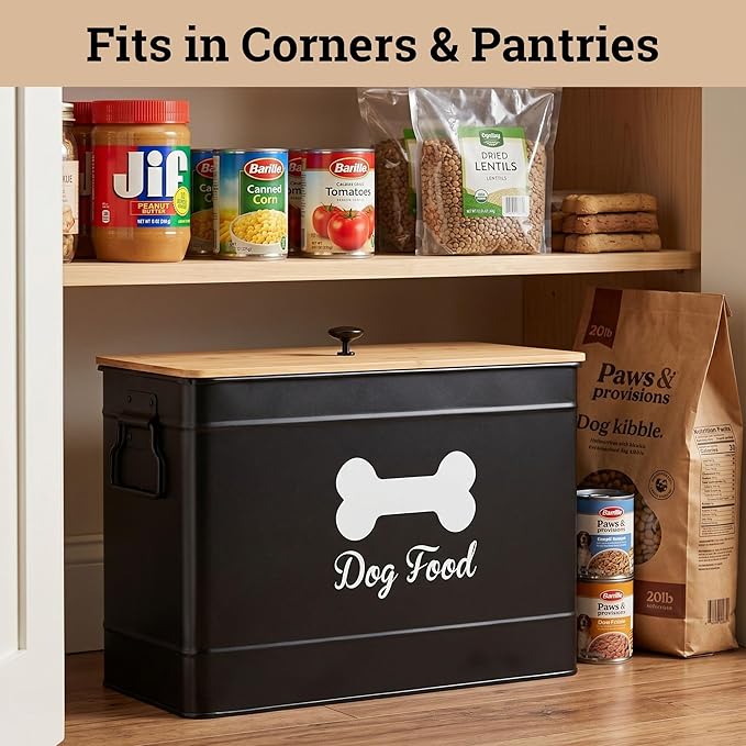 Dog Food Container Airtight 15 lb (50 Cup) Capacity with Metal Scoop - Cute Airtight Dog Food Storage Container with Bamboo Lid - Black Metal Kibble Storage Bin for Dogs up to 100 lbs - Big Pet Jar