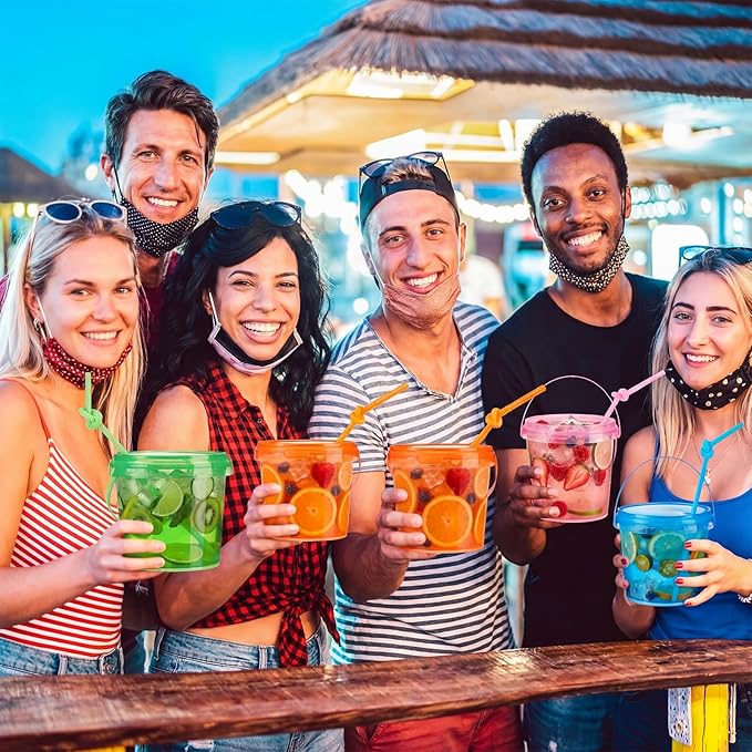 Funnymoom 24 Pack 34oz / 25oz Plastic Rum Buckets Bulks for Drinks with Straws Reusable Ice Cream Cocktail Cups Neon Party Bucket with Lids Handles Food Containers Cup for Summer Beach Bar Beer