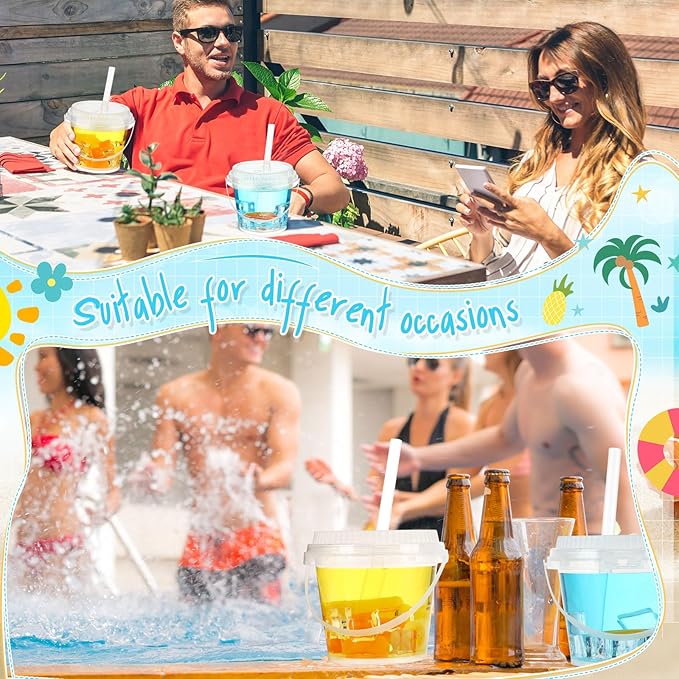 Funnymoom 50 Set 24 oz Clear Drink Buckets with Lids and Straws, Disposable Plastic Rum Cocktail Pails with Handles, Large Smoothie Cups for Adult Bachelorette Party Supplies, Beach & Catering Events