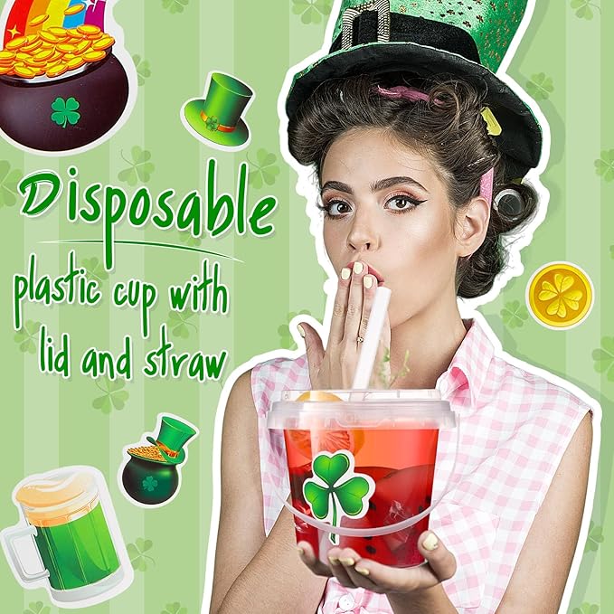 Funnymoom 30 Set St. Patrick's Day Cups 24oz Clear Plastic Rum Buckets with Lids Straws & Shamrock Stickers Disposable Pot of Gold Treat Pails Irish Green Party Favors for Adults Pub Crawl