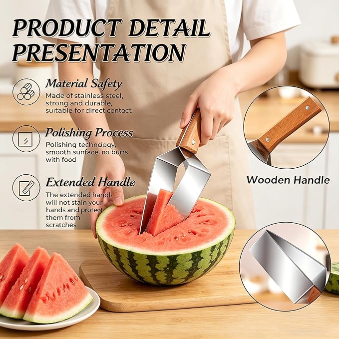 Watermelon Cutter Slicer Tool, Watermelon Slicer Stainless Steel with Wooden Handle for A Wide Variety Watermelon, Cantaloupe, Honeydew, Apples, and More (2Pcs)