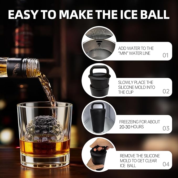 Diamond Sphere Clear Ice Mold – Silicone Reusable Ice Ball Maker for Whiskey, Cocktails & Home Bar –for Men and Women, Bartenders, Party Hosts