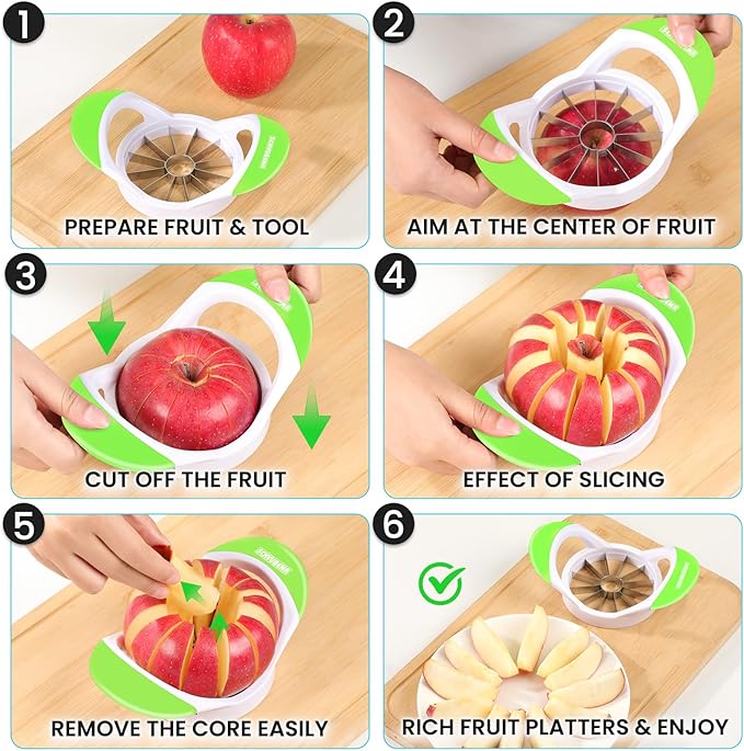 SCHVUBENR 3.5 Inch Apple Slicer with 12 Sharp Blades - Professional Apple Cutter - Stainless Steel Apple Corer - Super Sharp Apple Slicer and Corer - Slice Apple with Ease(Green)