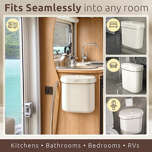 COZYTO EcoToss Exo Wall-Mounted Trash Can – White Pearl, Dual-Lid Slim Bin with No-Drill Mounting, Odor-Control Lid for Kitchen, Bathroom, RV, Small Spaces, 9.4L