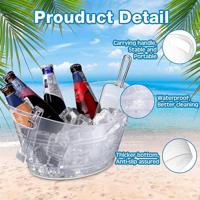 Zhehao 10 Pcs Ice Bucket for Parties 4.5 l Oval Beverage Tub with 5 Plastic Ice Scoops and 5 Tongs Champagne Bucket for Beer Wine Cocktail Beverage Bar Banquet Family Gathering (Large Scoops, Clear)