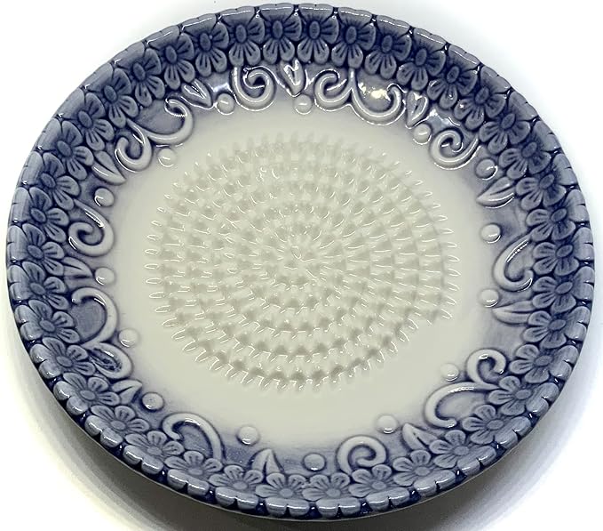 BonCera, All-in-one Premium Ceramic Garlic Grater Plate 4-Piece Set - Purple Embossed Design and Style - For Garlic, Ginger, Chocolate, and more! - Comes with 5.25" Plate, Peeler, Brush, and Stand