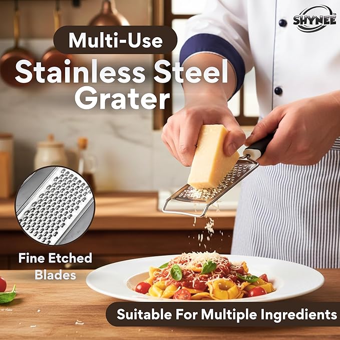 SHYNEE 4PCs Kitchen Essentials Kit – Lemon Squeezer, Garlic Press, Stainless Steel Whisk, Multi-Use Grater, Cheese Grater – Durable, Easy to Clean Cooking Tools Set for Everyday Meal Prep